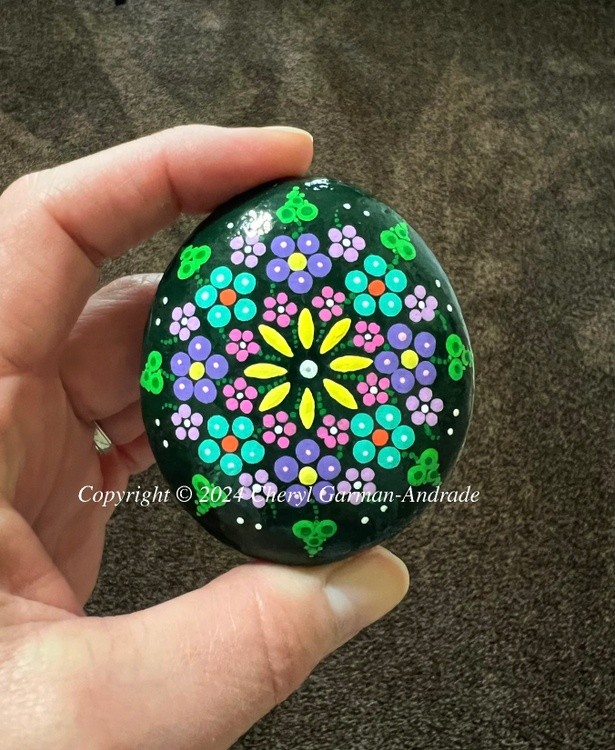 Green Multicolor Flower Mandala Dot Art River Stone