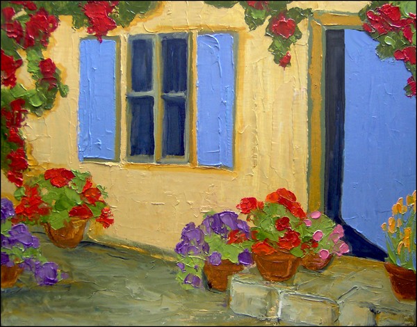 Blue Door and Courtyard Flowers