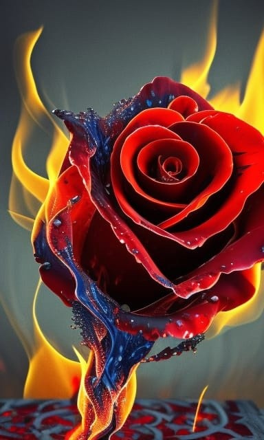 red rose on fire
