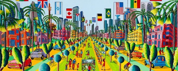 How does  Raphael Perez the israeli painter  use perspective in his naive paintings