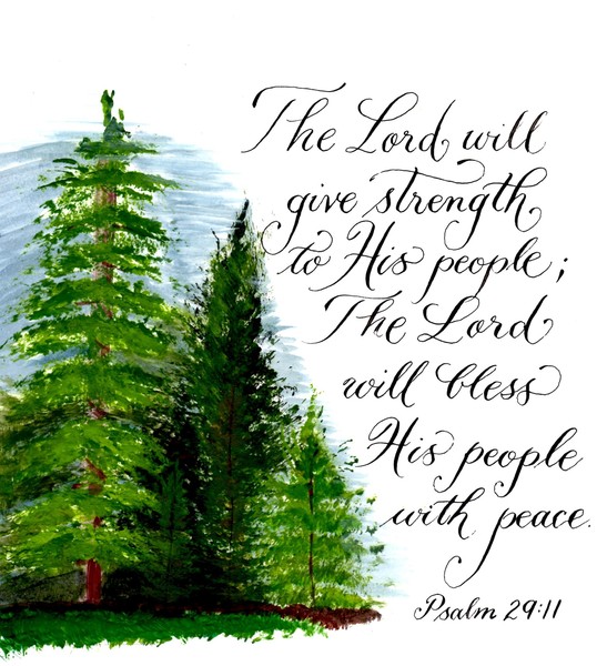 Inspirational handwritten peace verse with trees