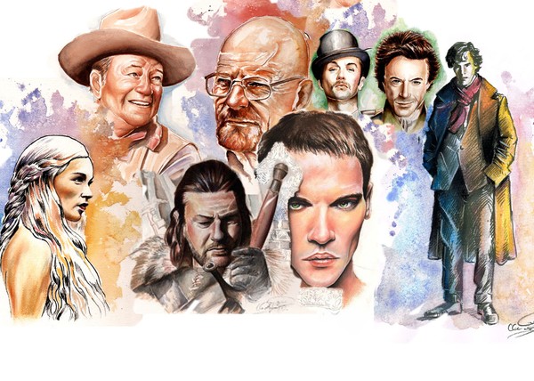 Collage of watercolor drawings i made of famus Mov