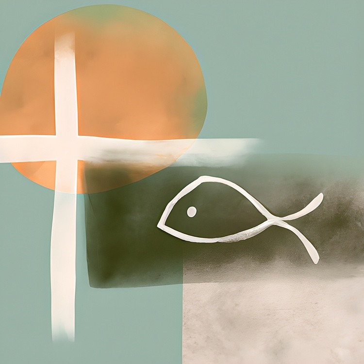 Earth tones cross and fish minimalist painting