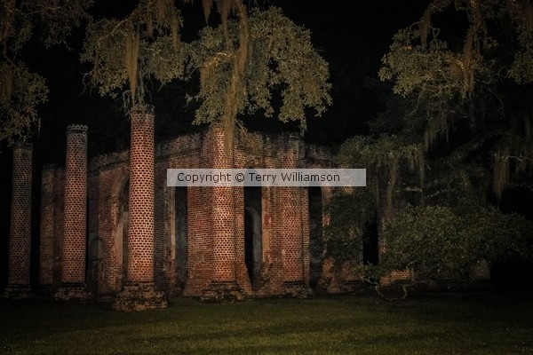 Old Sheldon church near Beaufort, SC at night