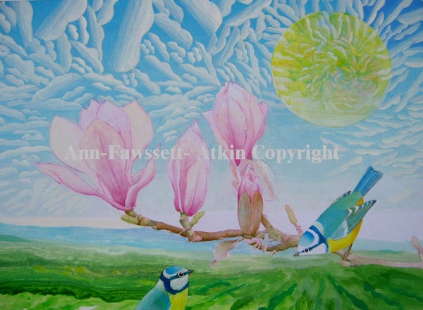 2 Blue Tits and Magnolia