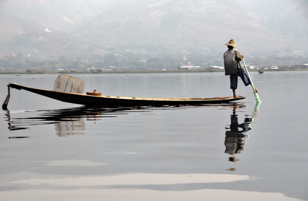 Inle Lake,Myanmar.The Intha technique of leg rowin