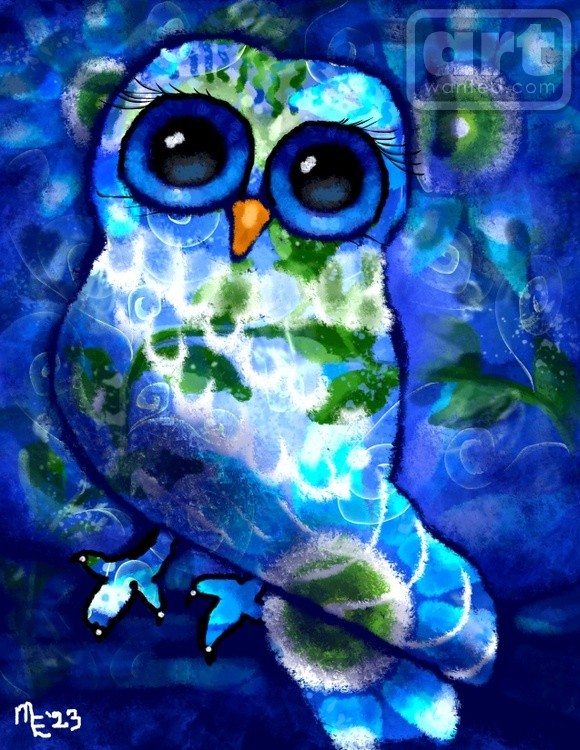 Blue Green Whimsical Abstract Owl