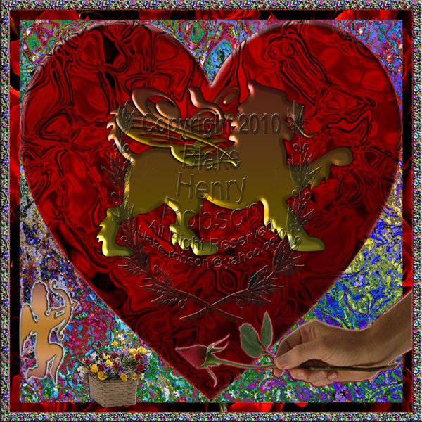 Heart lion cupid hand holding rose bud.