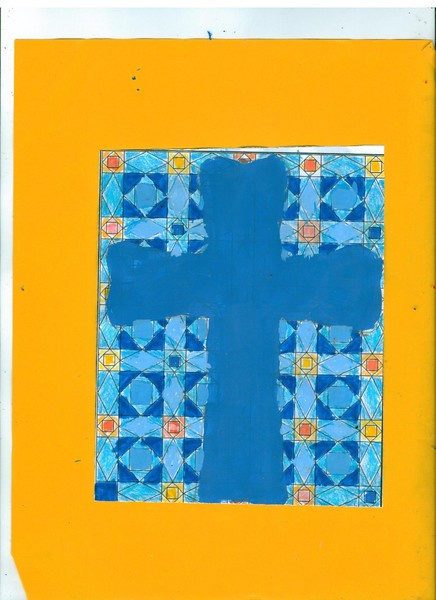 Blue cross in yellow,blue and orange design