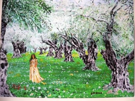 A girl in a olive forest