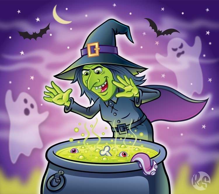 Wicked Witch Casting Spell Over Cauldron