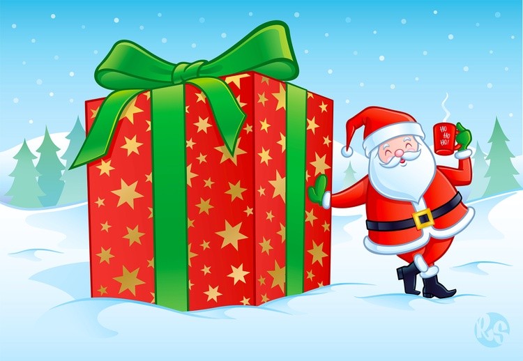Santa Leaning Against Large Christmas Present