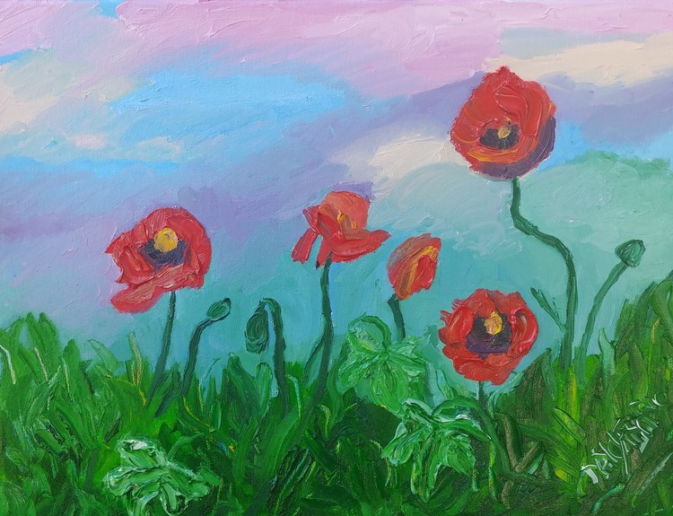 Poppies and Ivy In The Grass.