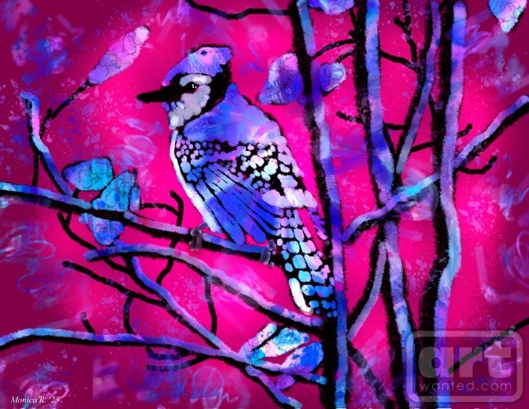 Blue Jay Abstract Pink Background by Monica Resinger