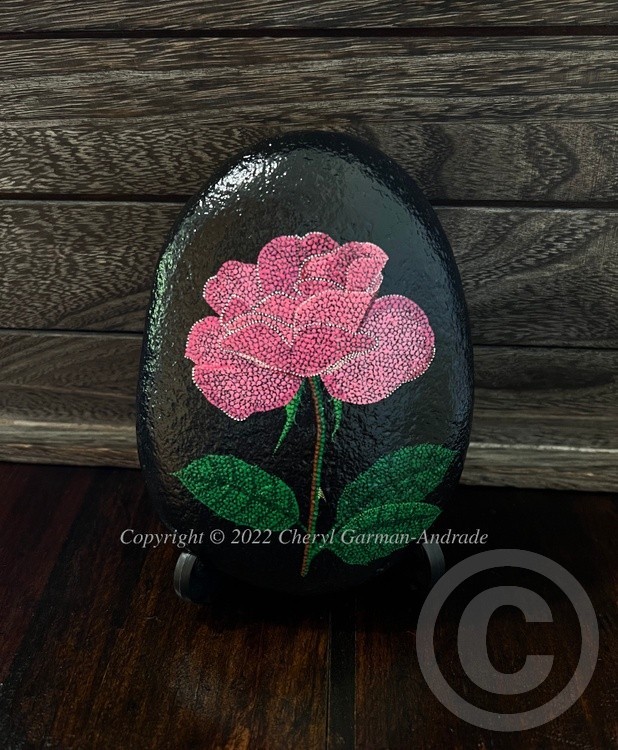 Pink Rose Pointillism Painted River Stone