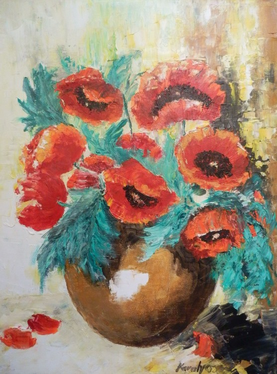 Poppies in brown pot