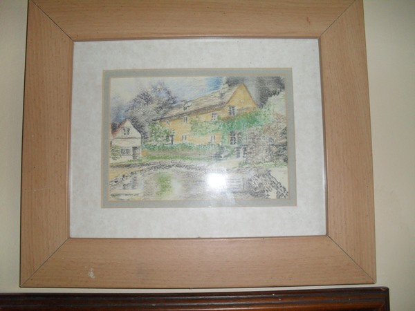 framed pastel picture of a farm yard