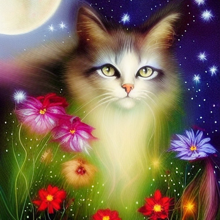 Whimsical cat and flowers