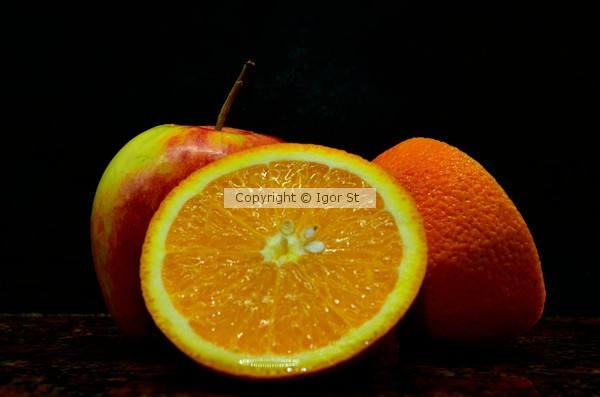  apple, orange , half of orange