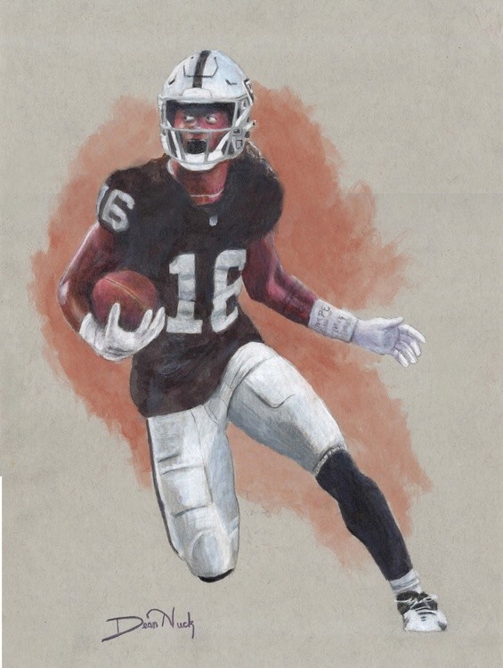 Jakobi Meyers - DAZZLING - Colored pencil drawing by Dean Huck