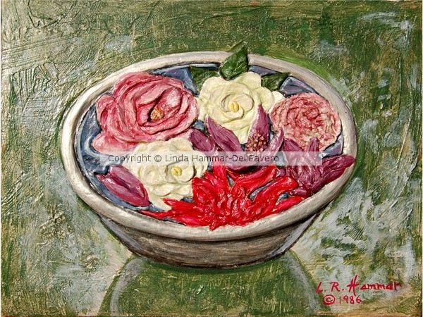 Flowers Floating in Silver Bowl Painting