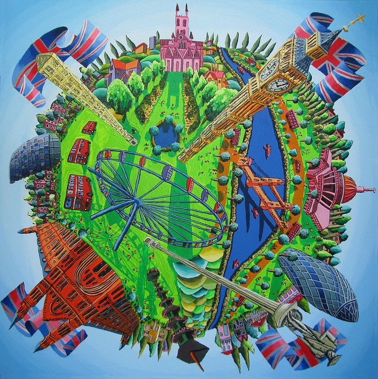 london city naive art painting famous sites places raphael perez israeli painter 