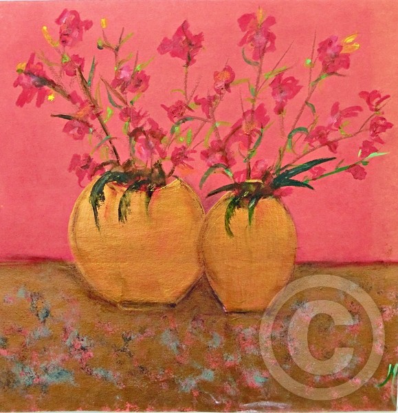 Red Blooms in Golden Vases