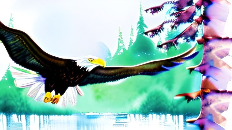 Watercolor soaring eagle and trees