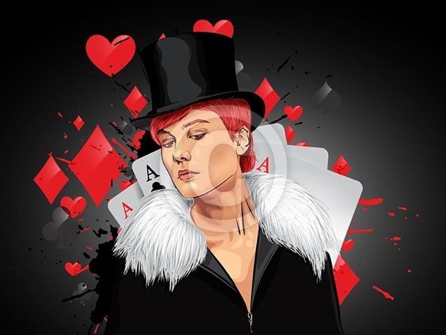 Vector Portrait with Illustration - magician with some card behind
