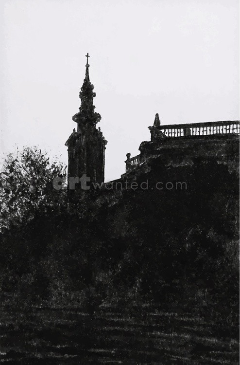 Silhouette of the Belgrade church and Kalemegdan fortress in Belgrade. An ink graphic drawing
