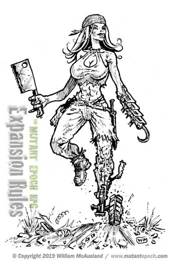 Rebuilt woman with hook hand and Wheel Prosthetic Leg