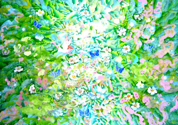 Fairy with Blue Butterflies over Wild Roses