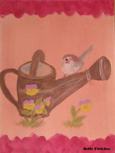 Bird, Pansies & Watercan