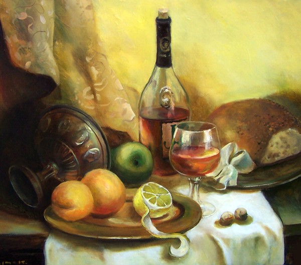 Still life with peaches and lemon