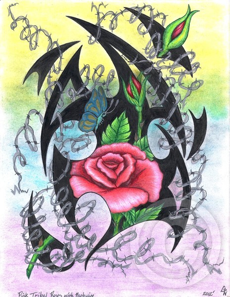 Pink Tribal Roses and Barbwire Original Art Drawin