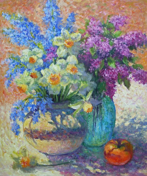 Still life with daffodils and lilacs