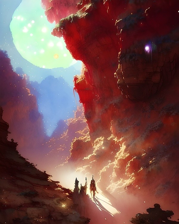 Travelers in a red rocky canyon