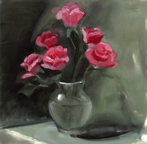 Study of Pink Roses In Glass Vase