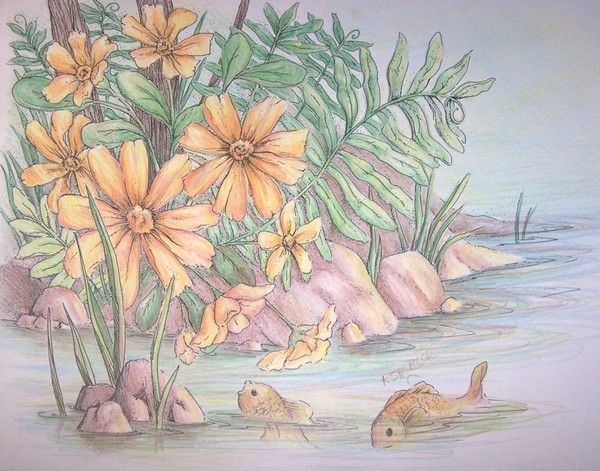 Gold fish and flowers