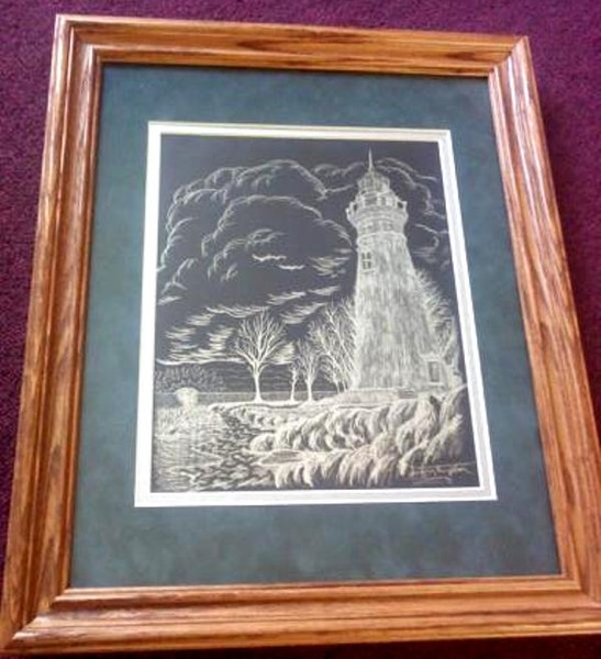 Framed Scratch Art of Lighthouse