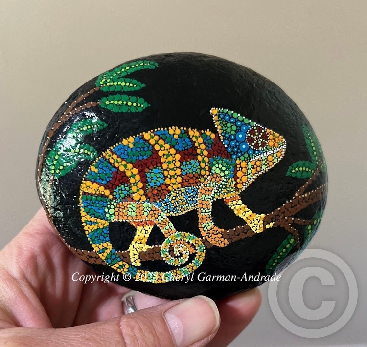Whimsical Chameleon Dot Art River Stone