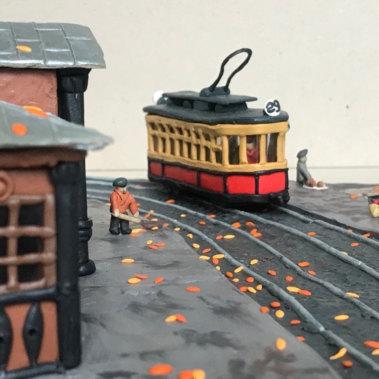 Tram Stop (100 yars ago), plasticine, cardboard, 35x25x15 cm