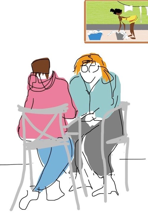 having a conversation in Cacela Lounge, during my exhibition