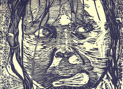 Angie with Wet Hair/Woodcut/2006