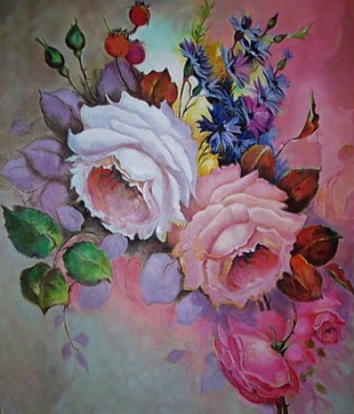 roses with bleu corn flowers