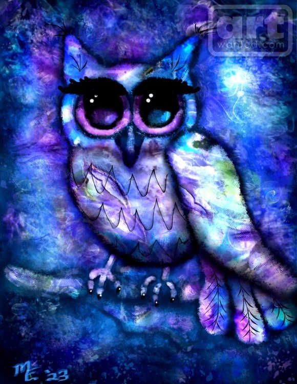 Whimsical Abstract Blue Purple Owl in the Moonlight