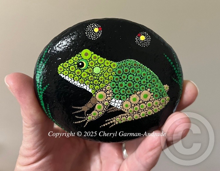 Whimsical Bullfrog & Fireflies Dot Art River Stone