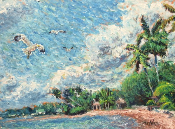 Seagulls Soaring Over Beach