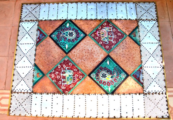 Indian hand-painted table / elephants / top view