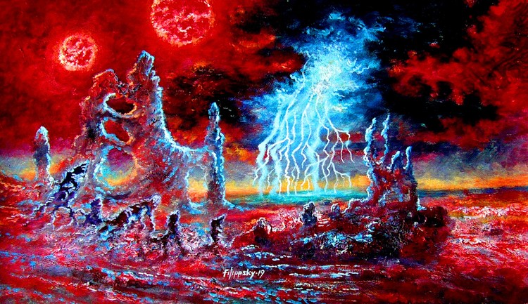 Thunderstorm on the planet of the double red sun.